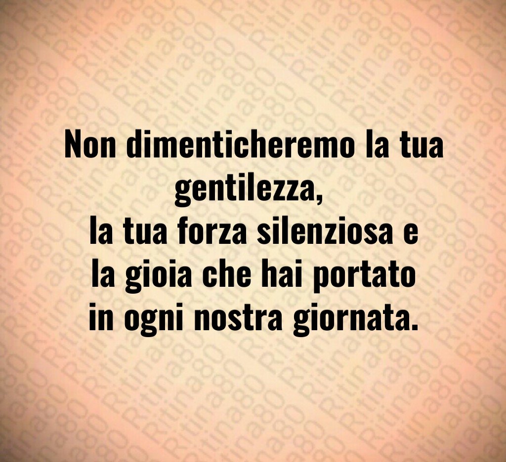 Non dimenticheremo la tua gentilezza, la tua forza silenziosa e la gioia che hai portato in ogni nostra giornata. Non dimenticheremo la tua gentilezza, la tua forza silenziosa e la gioia che hai portato in ogni nostra giornata.