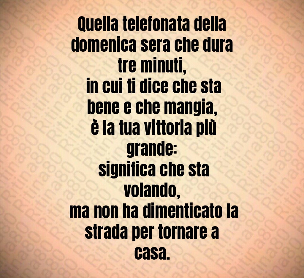Quella telefonata della domenica sera che dura tre minuti,
 in cui ti dice che sta bene e che mangia,
 è la tua vittoria più grande:
 significa che sta volando,
 ma non ha dimenticato la strada per tornare a casa.