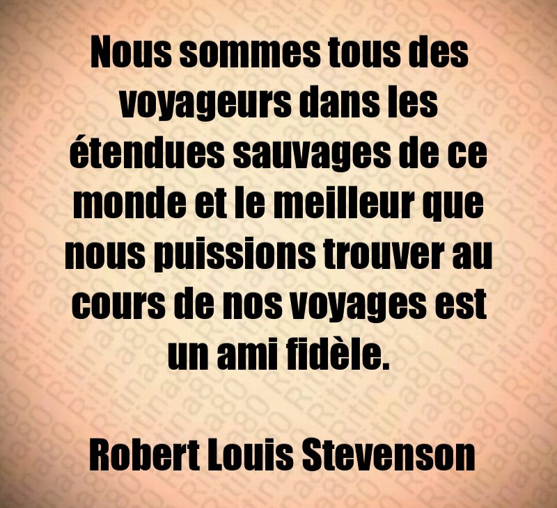 Nous sommes tous des voyageurs dans les étendues sauvages de ce monde et le meilleur que nous puissions trouver au cours de nos voyages est un ami fidèle. Robert Louis Stevenson