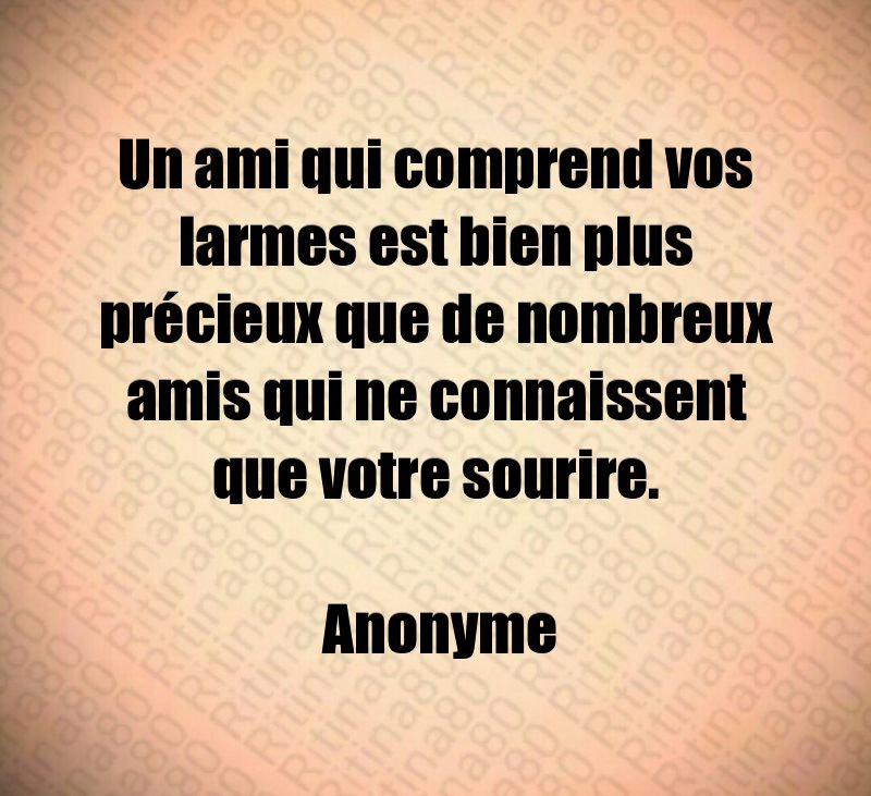 Un ami qui comprend vos larmes est bien plus précieux que de nombreux amis qui ne connaissent que votre sourire. Anonyme