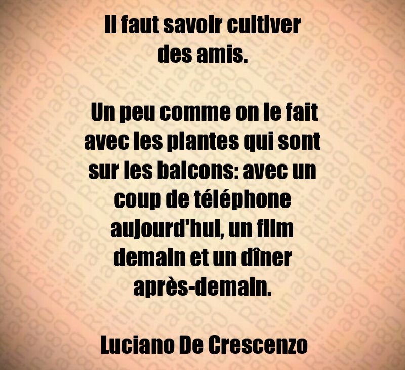 Il faut savoir cultiver des amis. Un peu comme on le fait avec les plantes qui sont sur les balcons: avec un coup de téléphone aujourd'hui, un film demain et un dîner après-demain. Luciano De Crescenzo