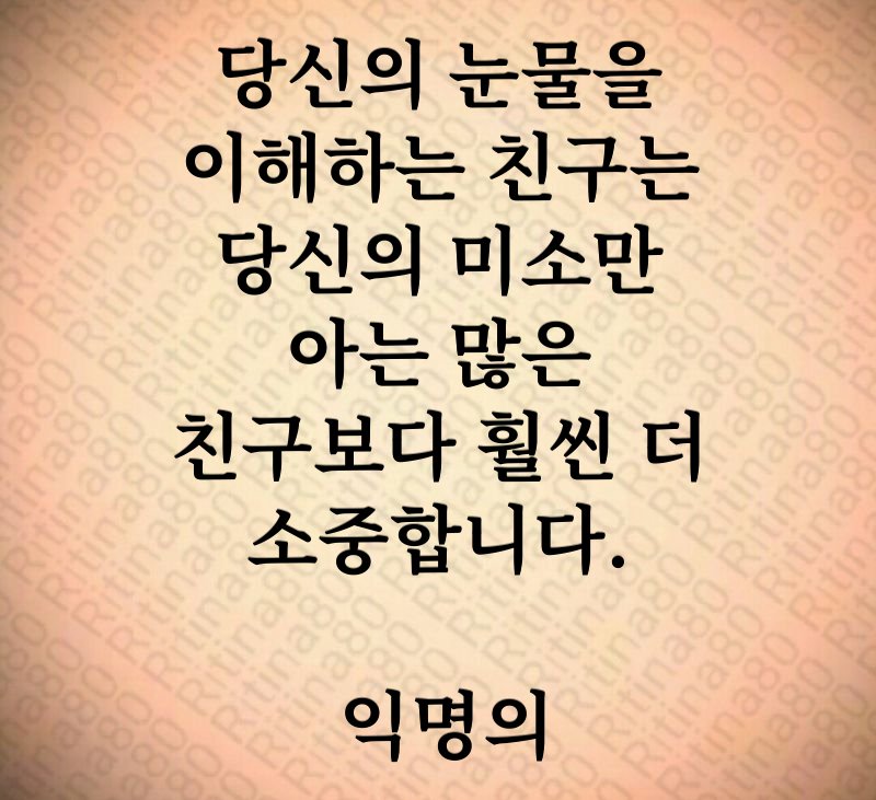 당신의 눈물을 이해하는 친구는 당신의 미소만 아는 많은 친구보다 훨씬 더 소중합니다. 익명의