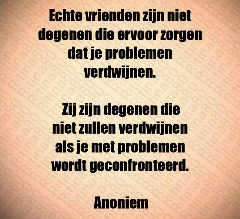 Echte vrienden zijn niet degenen die ervoor zorgen dat je problemen verdwijnen. Zij zijn degenen die niet zullen verdwijnen als je met problemen wordt geconfronteerd. Anoniem