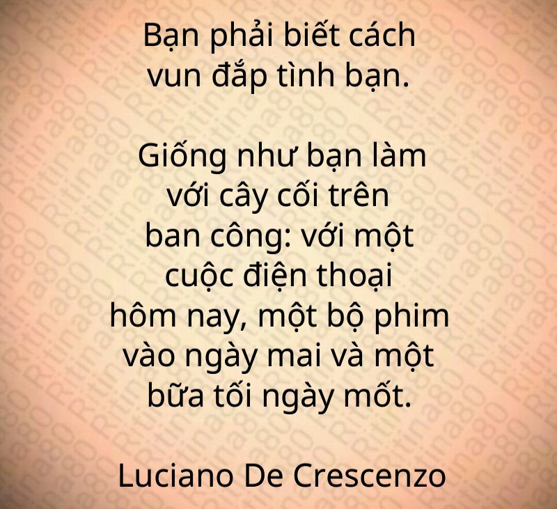 Bạn phải biết cách vun đắp tình bạn. Giống như bạn làm với cây cối trên ban công: với một cuộc điện thoại hôm nay, một bộ phim vào ngày mai và một bữa tối ngày mốt. Luciano De Crescenzo